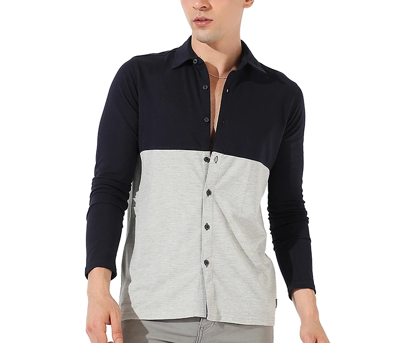 Campus Sutra Men's Navy Blue & Light Grey Contrast Panel Shirt