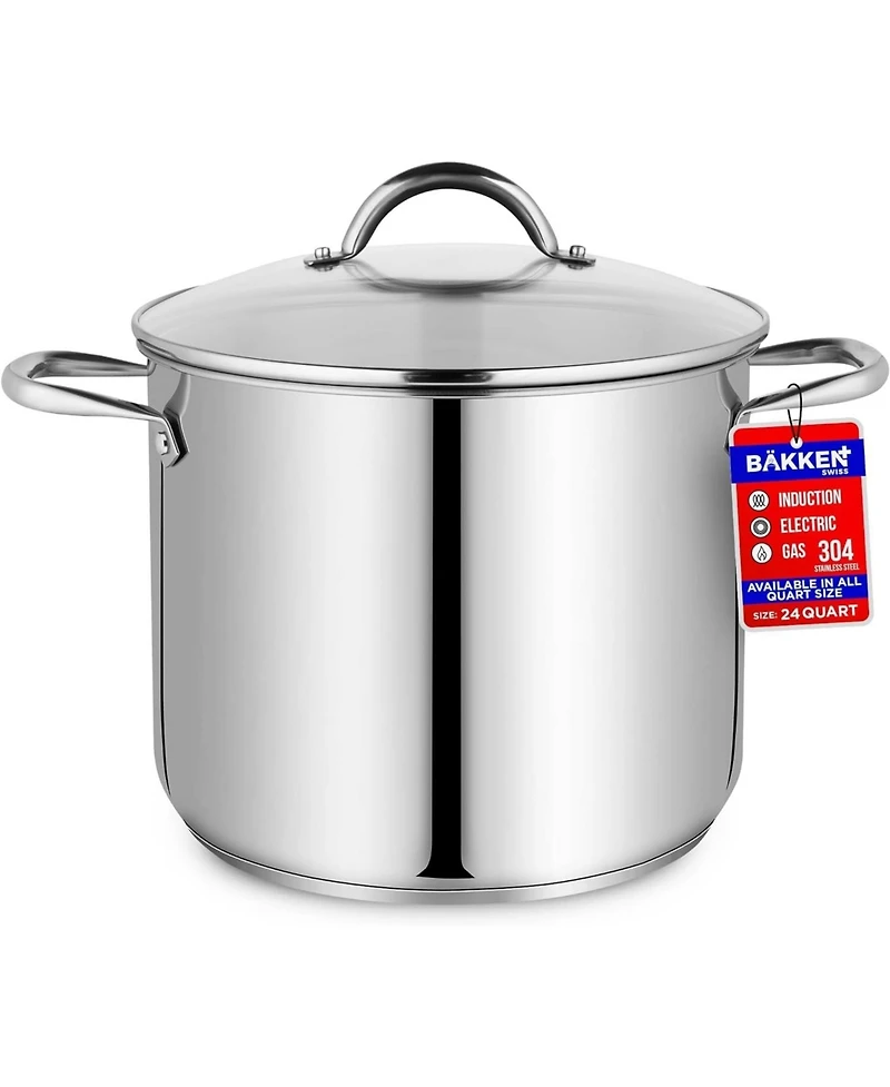Bakken-Swiss Deluxe 24-Quart Stainless Steel Stockpot w/Tempered Glass See-Through Lid - Simmering Delicious Soups Stews & Induction Cooking