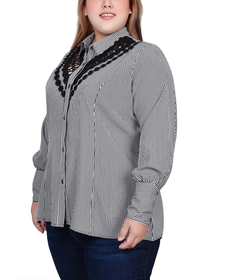 Ny Collection Plus Long Sleeve Crochet Trimmed Blouse
