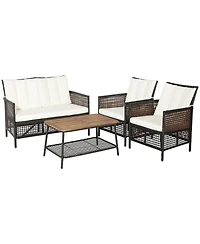 4 Pieces Patio Rattan Furniture Set with 2-Tier Coffee Table-White