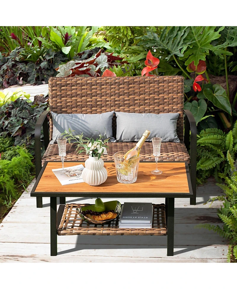 2 Pieces Patio Rattan Coffee Table Set with Shelf