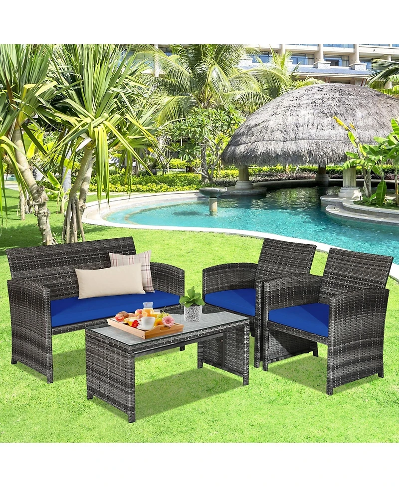 Slickblue 4 Pcs Patio Rattan Furniture Set Top Sofa With Glass Table