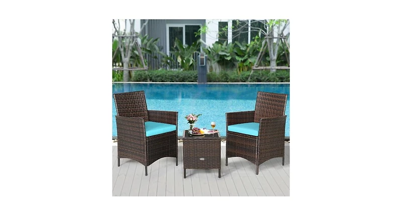 3 Pieces Patio Rattan Furniture Set Cushioned Sofa and Glass Tabletop Deck