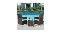 3 Pieces Patio Rattan Furniture Set Cushioned Sofa and Glass Tabletop Deck