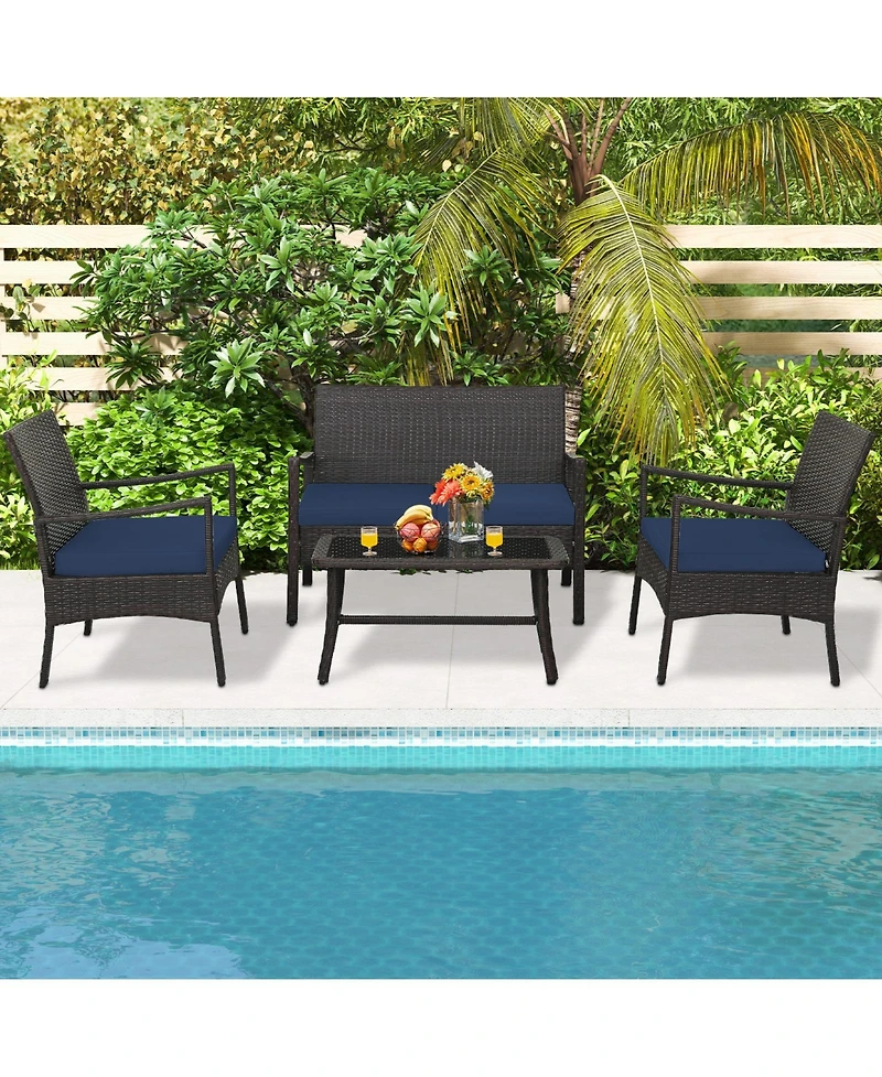 4 Pieces Rattan Conversation Set with Tempered Glass Coffee Table