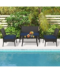 4 Pieces Rattan Conversation Set with Tempered Glass Coffee Table