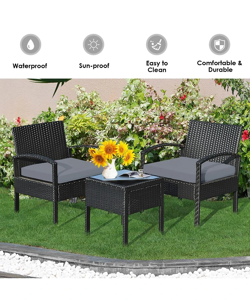 3 Pieces Outdoor Rattan Patio Conversation Set with Seat Cushions