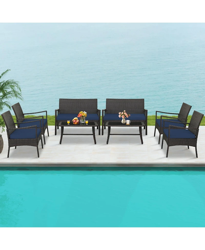 4 Pieces Rattan Conversation Set with Tempered Glass Coffee Table