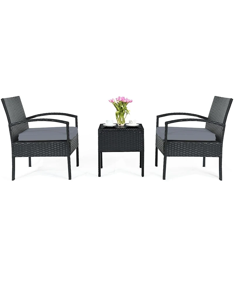 3 Pieces Outdoor Rattan Patio Conversation Set with Seat Cushions