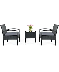 3 Pieces Outdoor Rattan Patio Conversation Set with Seat Cushions
