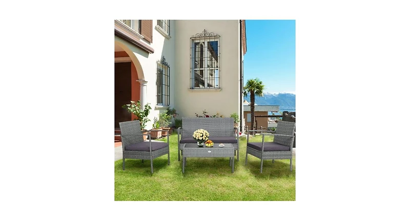 4 Pieces Outdoor Rattan Conversation Set with Comfortable Cushion