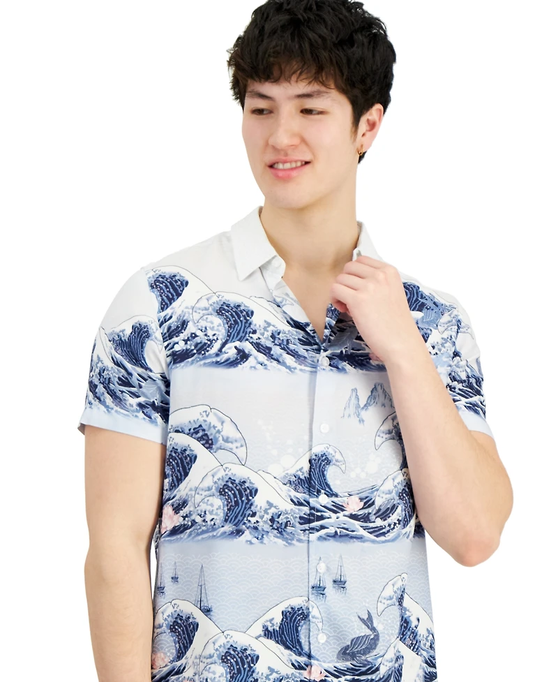 Guess Men's Wave-Print Short-Sleeve Button-Down Shirt