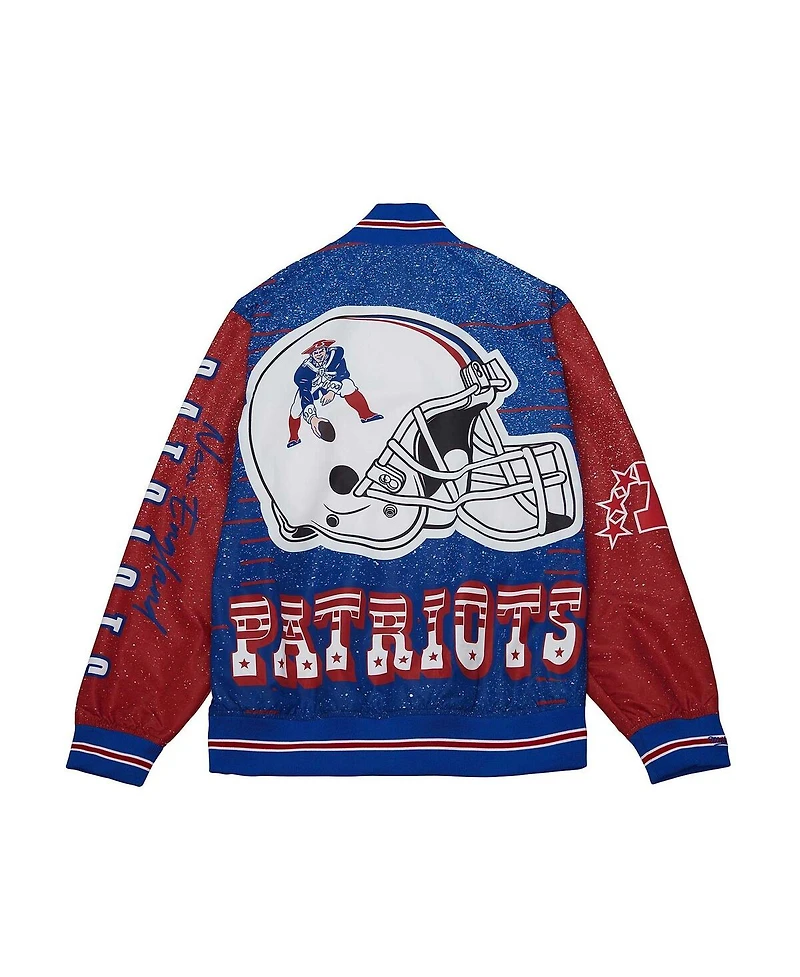 Men's Mitchell & Ness White Distressed New England Patriots Team Burst Warm-Up Full-Zip Jacket