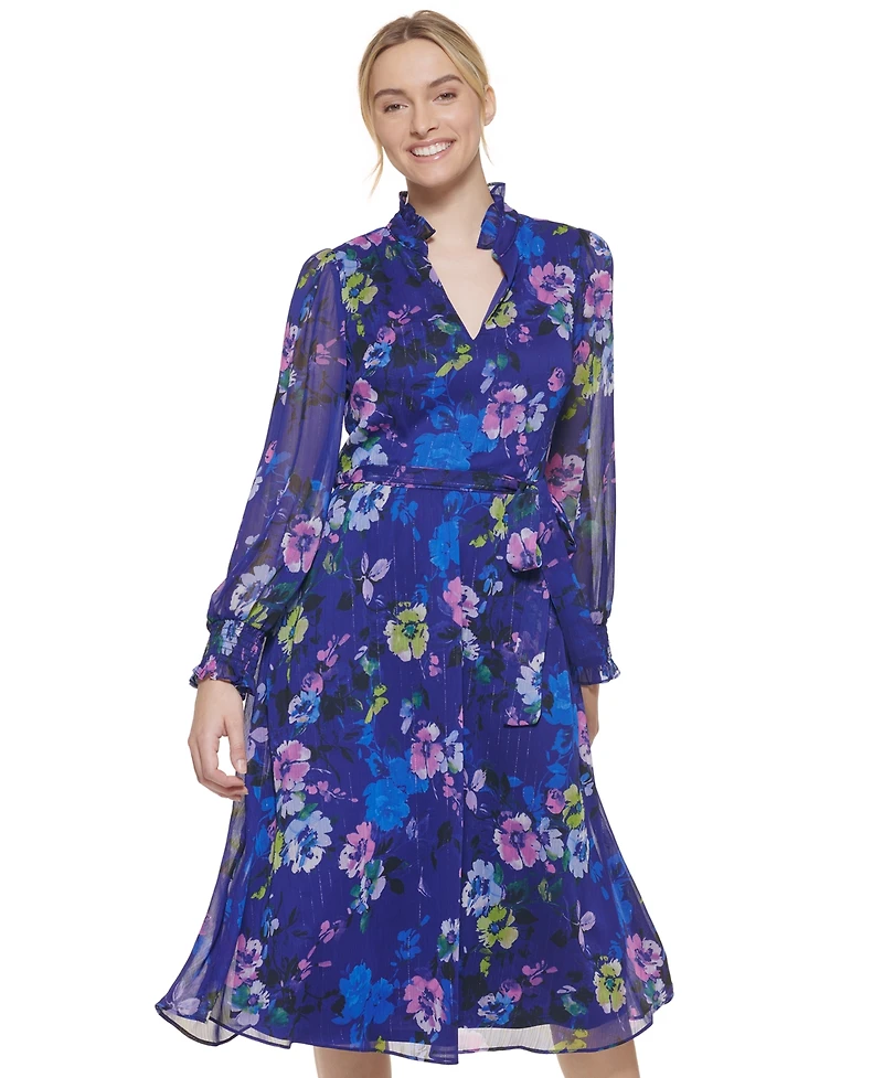 Jessica Howard Women's Printed Tie-Waist Long-Sleeve Dress