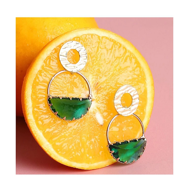 Sohi Women's Green Dented Stone Circular Drop Earrings