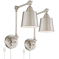Mendes Modern Industrial Adjustable Swing Arm Wall Lamps with Cord Set of 2 Brushed Nickel Plug In Light Fixture Dimmable Metal Shade Bedroom Bedside