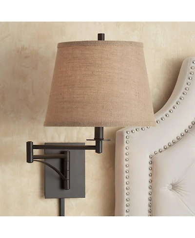 Franklin Iron Works Brinly Farmhouse Rustic Swing Arm Wall Lamp Matte Brown Metal Plug-in Light Fixture Burlap Shade for Bedroom Bedside Living Room