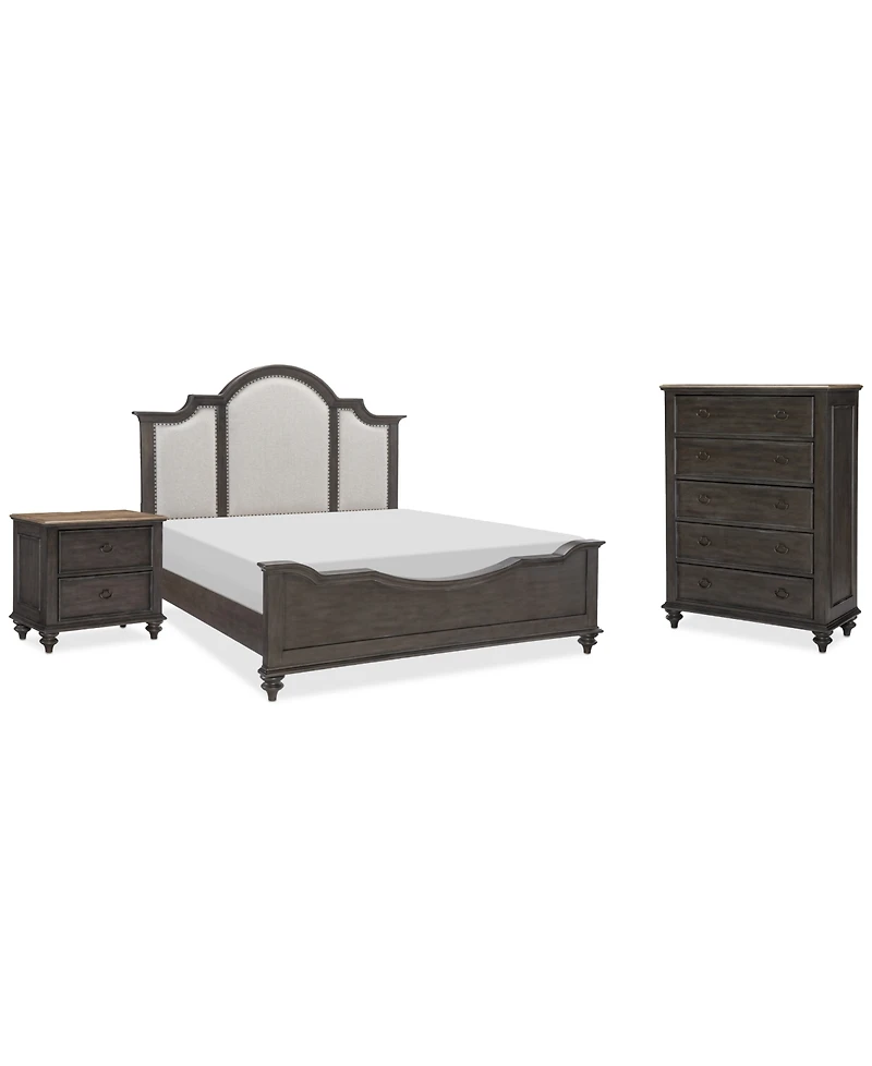 Mandeville 3pc Bedroom Set (Upholstered California King Bed + Drawer Chest -Drawer Nightstand