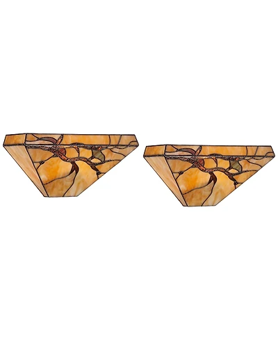 Robert Louis Tiffany Budding Branch Vintage Wall Light Sconces Set of 2 Copper Amber Art Glass Hardwire 14" Fixture for Bedroom Bathroom Vanity H