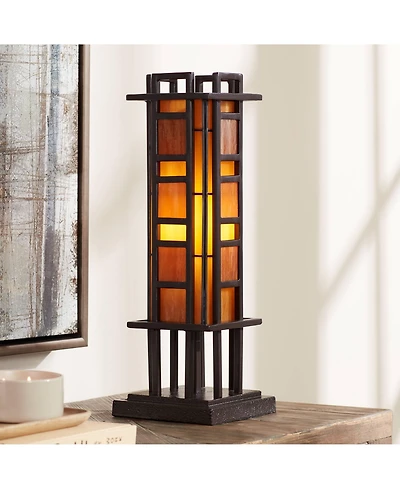 Robert Louis Tiffany Prairie Mission Accent Table Lamp 20" High Bronze Geometric Metal Amber Stained Glass for Bedroom Living Room Bedside Nights