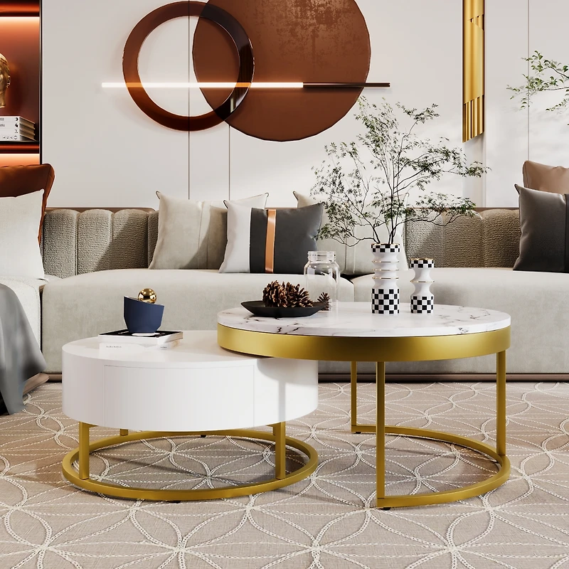Streamdale Modern Round Nesting Coffee Table With Drawers