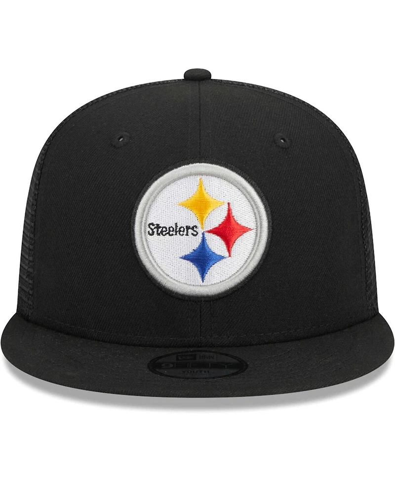 Youth Boys and Girls New Era Black Pittsburgh Steelers Main Trucker 9FIFTY Snapback Hat