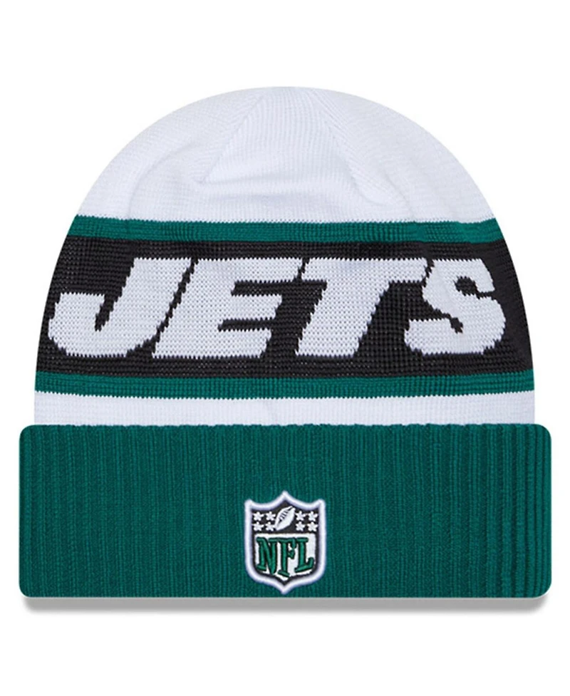 Men's New Era White, Green New York Jets 2023 Sideline Tech Cuffed Knit Hat