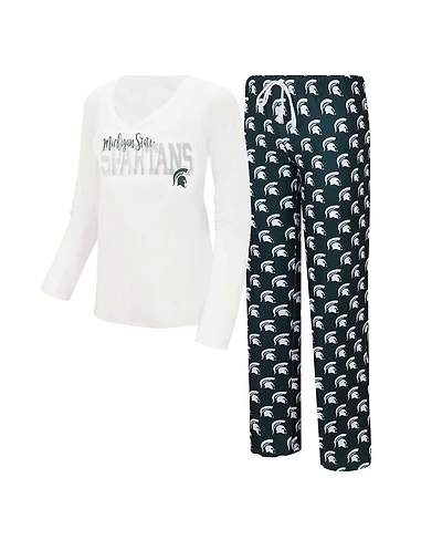 Women's Concepts Sport White, Green Michigan State Spartans Long Sleeve V-Neck T-shirt and Gauge Pants Sleep Set