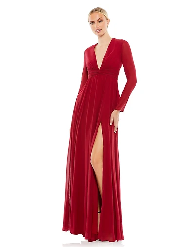 Mac Duggal Women's Ieena V-Neck Front Twist Long Sleeve Gown