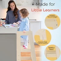 Stepup Baby Toddler Tower with Adjustable Step, White Montessori-Inspired Step Stool, Standing for Kids, Fits Under Kitchen Counters, Ad