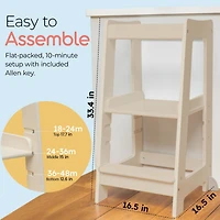 Stepup Baby Toddler Tower with Adjustable Step, White Montessori-Inspired Step Stool, Standing for Kids, Fits Under Kitchen Counters, Ad