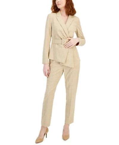 Tahari Asl Womens Belted Aysymetrical Plaid Blazer Straight Leg Mid Rise Pants