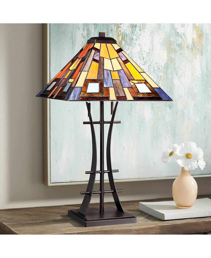 Robert Louis Tiffany Jewel Tone Mission Table Lamp 27" Tall Iron Bronze Geometric Stained Glass Art Shade for Bedroom Living Room Bedside Nightst