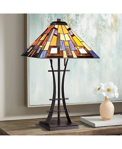 Robert Louis Tiffany Jewel Tone Mission Table Lamp 27" Tall Iron Bronze Geometric Stained Glass Art Shade for Bedroom Living Room Bedside Nightst
