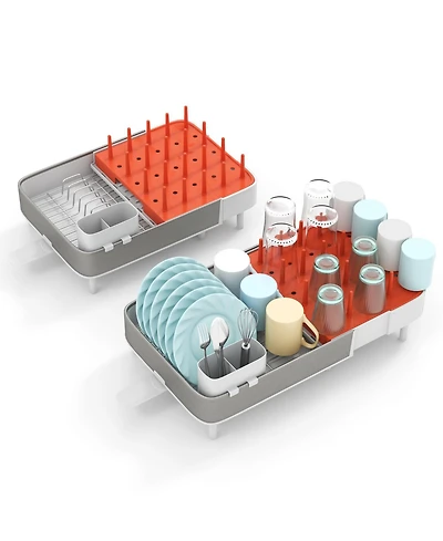 Sugift Expandable Dish Drying Rack Adjustable Dual-Part Dish Drainer with Detachable Utensil Holder