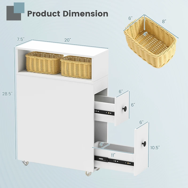 Movable Bathroom Storage Cabinet Narrow Toilet Side Paper Holder w/ 2 Drawers