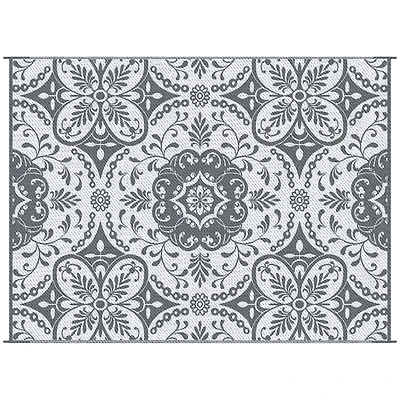 Outsunny Reversible Outdoor Rug with Carry Bag 9' x 12' Gray & White Flower
