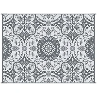 Outsunny Reversible Outdoor Rug with Carry Bag 9' x 12' Gray & White Flower