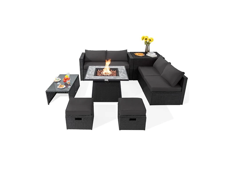 Slickblue 9 Pieces Outdoor Wicker Sectional with 35 Inch Gas Fire Pit Table