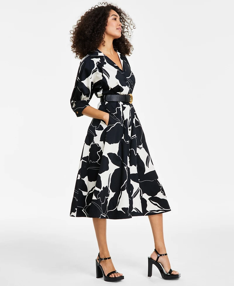 Donna Karan New York Women's Printed Faux-Leather Belt Midi Shirtdress