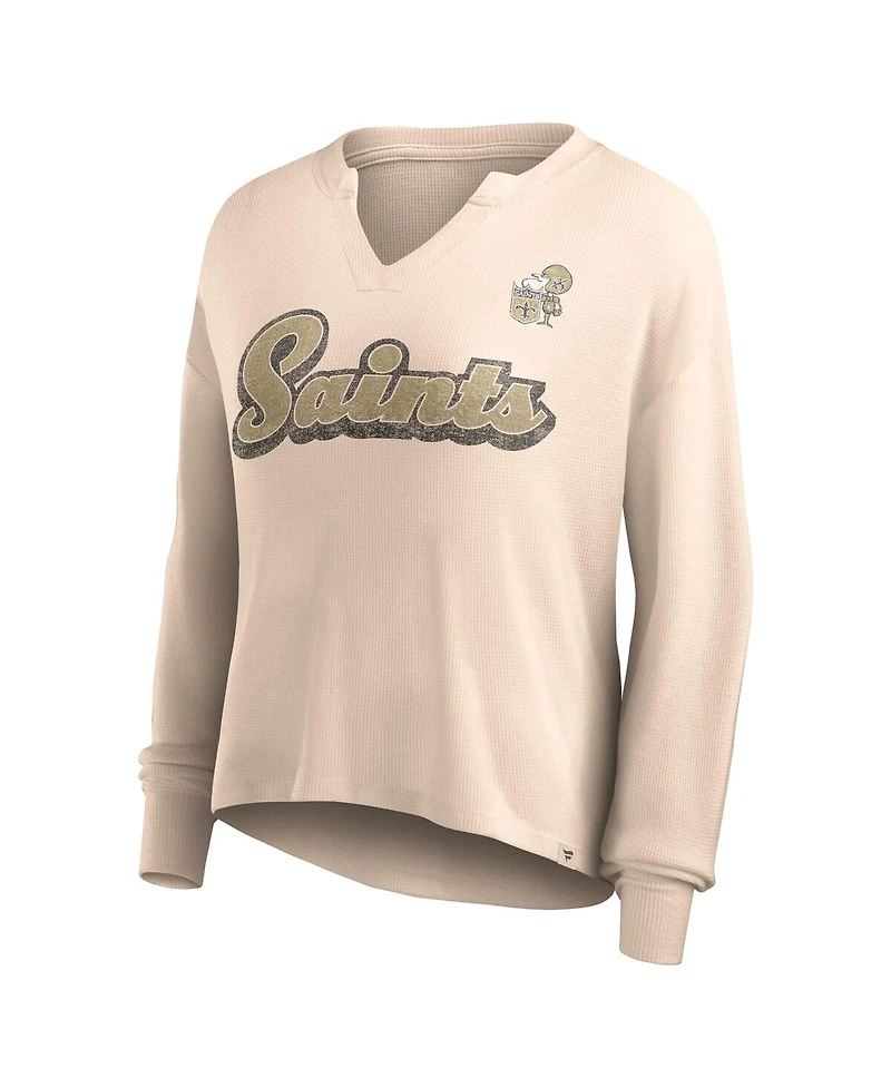 Women's Fanatics Tan Distressed New Orleans Saints Go For It Notch Neck Waffle Knit Long Sleeve T-shirt
