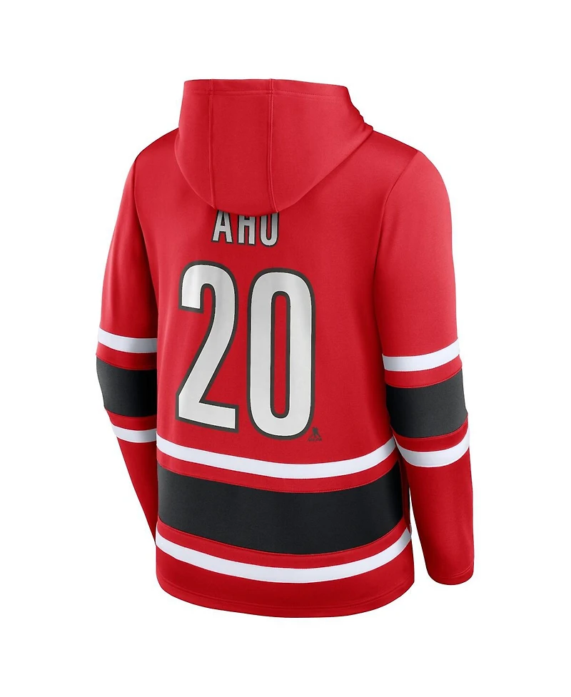 Men's Fanatics Sebastian Aho Red Carolina Hurricanes Name and Number Lace-Up Pullover Hoodie