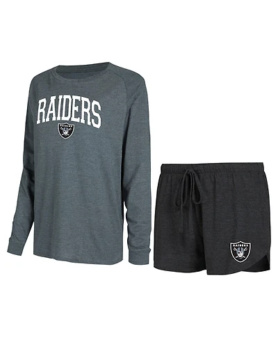 Women's Concepts Sport Black, Charcoal Las Vegas Raiders Raglan Long Sleeve T-shirt and Shorts Lounge Set