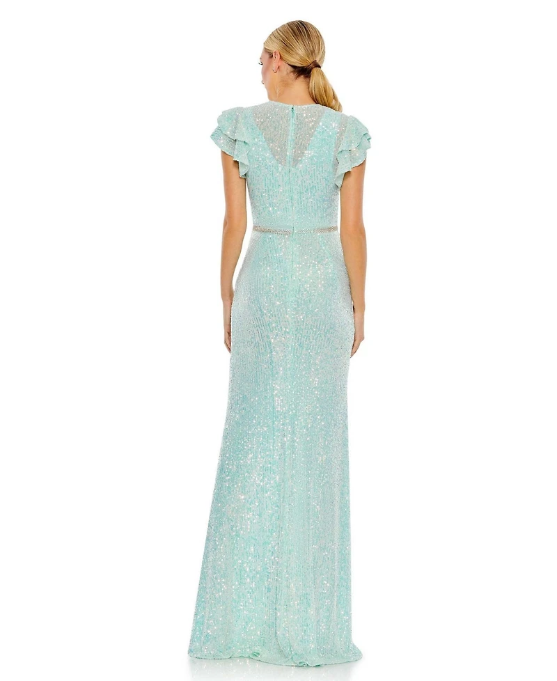 Women's Ieena Sequined High Neck Flutter Sleeve Gown