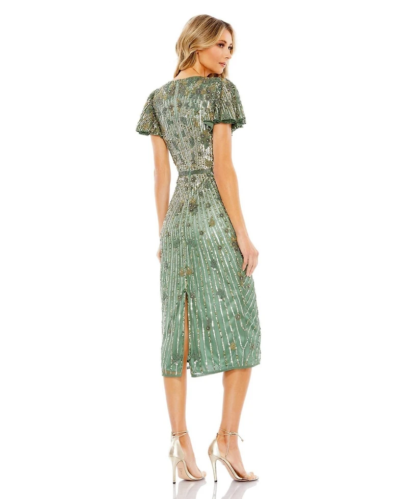Mac Duggal Women's Embellished Faux Wrap Flutter Sleeve Dress