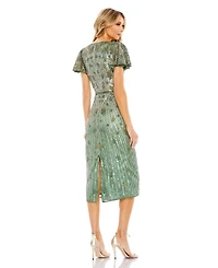 Mac Duggal Women's Embellished Faux Wrap Flutter Sleeve Dress