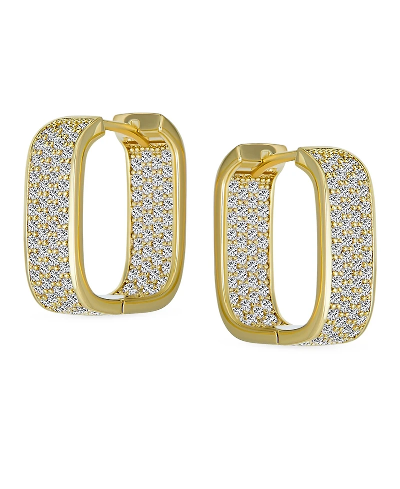 Bling Jewelry Micro Pave Cz Inside Out Wide Rectangle Square Huggie Hoop Earrings Prom Formal Party Yellow Gold Plated Hinge Style