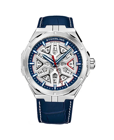 Stuhrling Men's Automatic Watch Alligator Embossed Genuine Leather Strap with Decorative Stitching