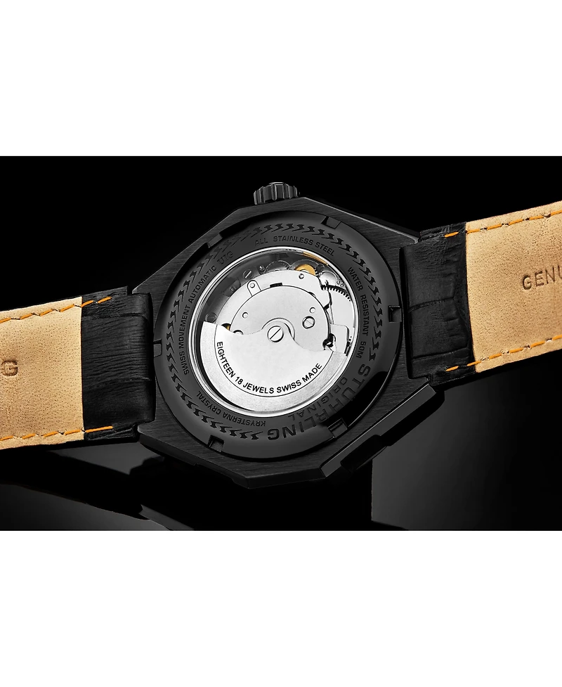 Stuhrling Men's Automatic Watch Alligator Embossed Genuine Leather Strap with Decorative Stitching