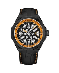 Stuhrling Men's Automatic Watch Alligator Embossed Genuine Leather Strap with Decorative Stitching